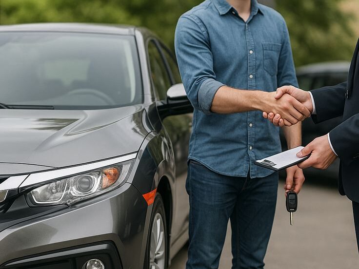 Handshake during car sale deal between buyer and seller at dealership