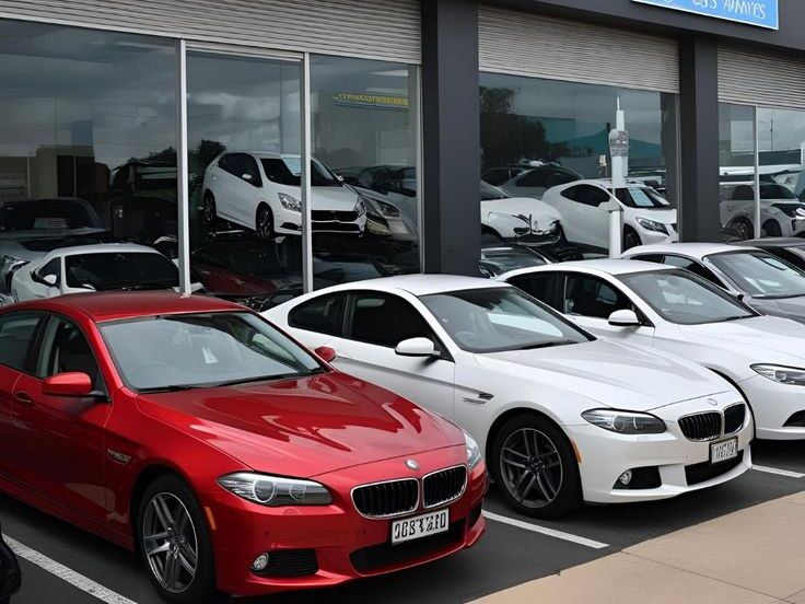 Car dealership showroom with multiple vehicles parked, illustrating factors affecting car resale value